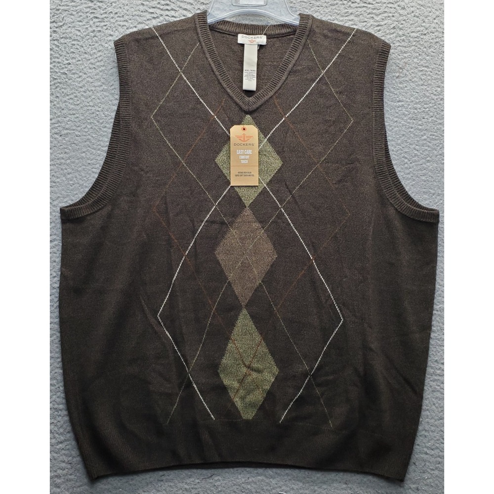 Dockers Sweater Vest Mens XXL Brown Easy Comfort Argyle V-Neck Pullover 810747K